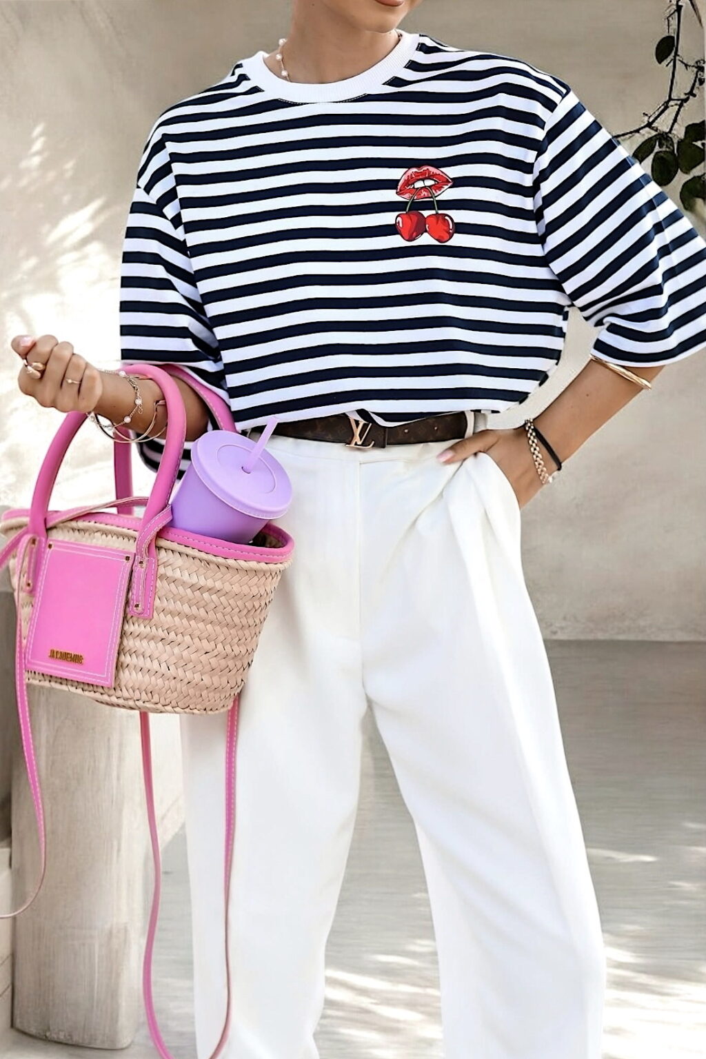 T-SHIRT OVERSIZE GRANATOWE PASKI LIPS&CHERRY