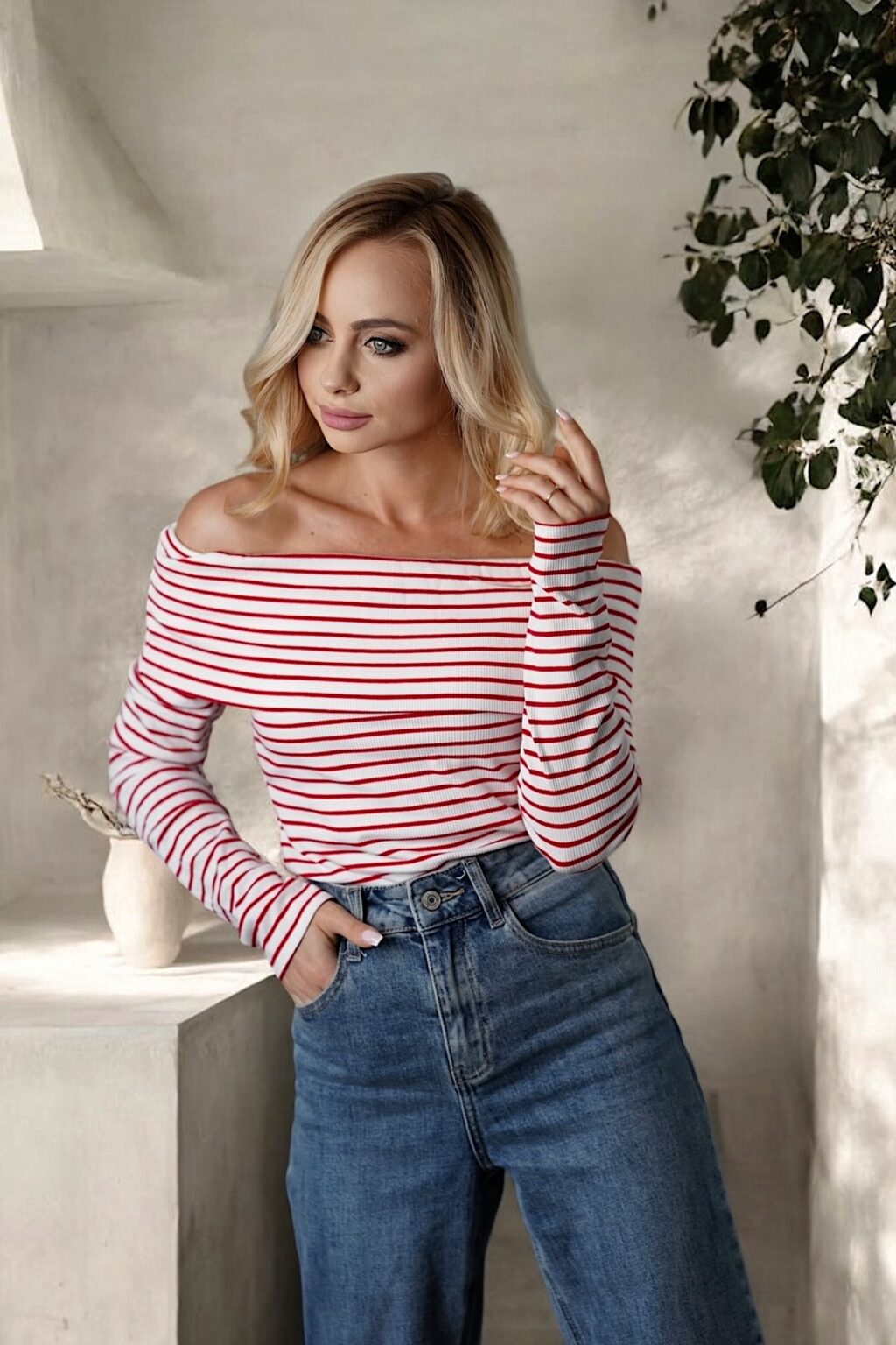 Bluzka w paski MARINE off shoulder | czerwona