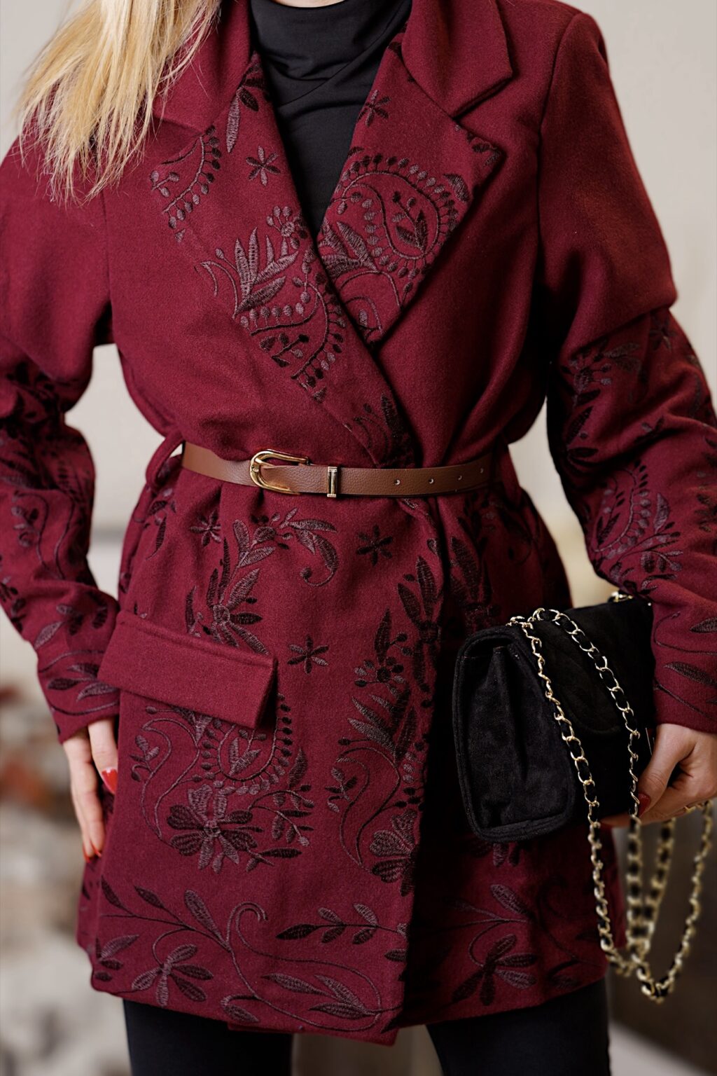 Burgundowa marynarka z paskiem | Royal Vintage