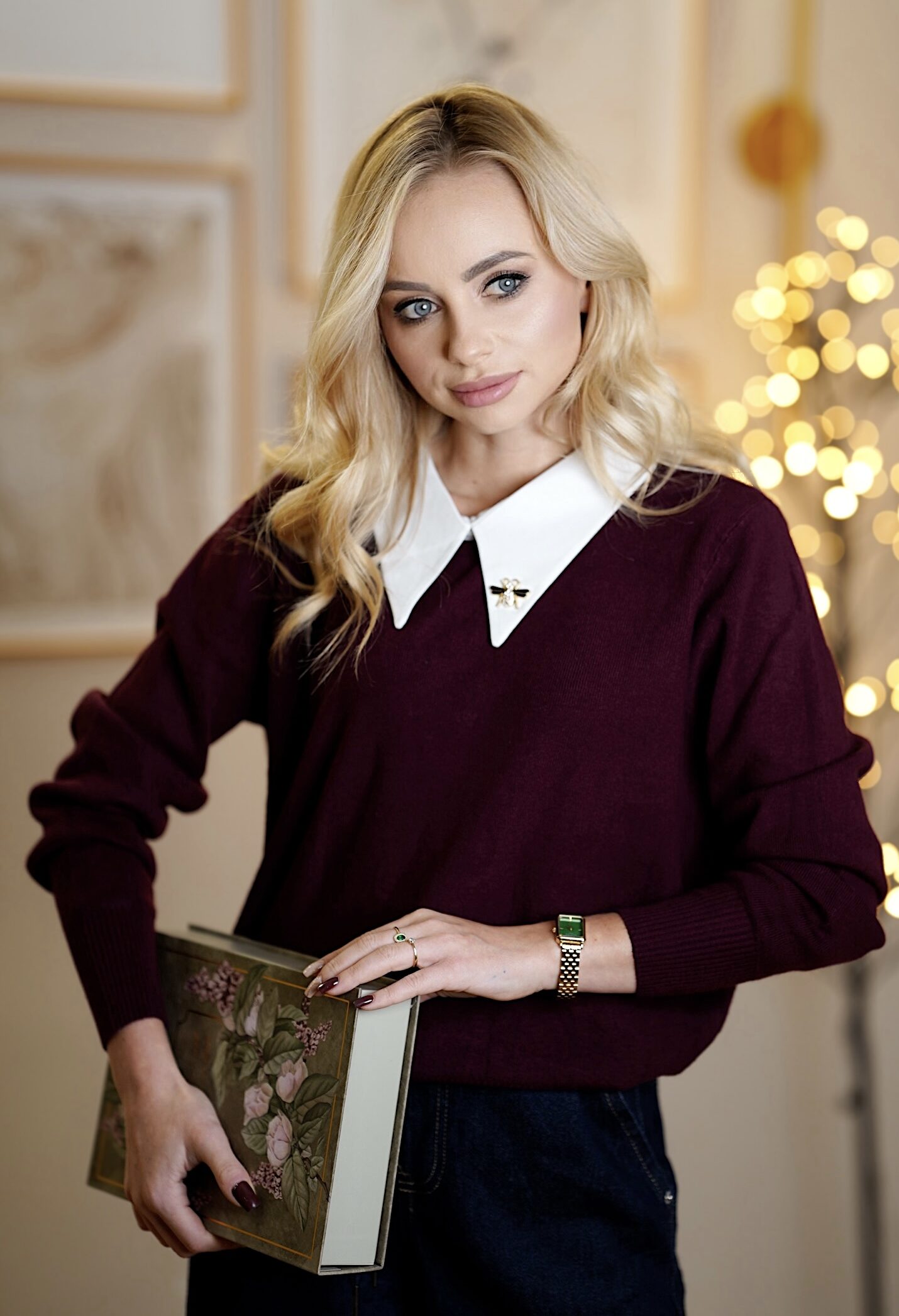 Sweterek z kołnierzykiem Lady Bee | burgund