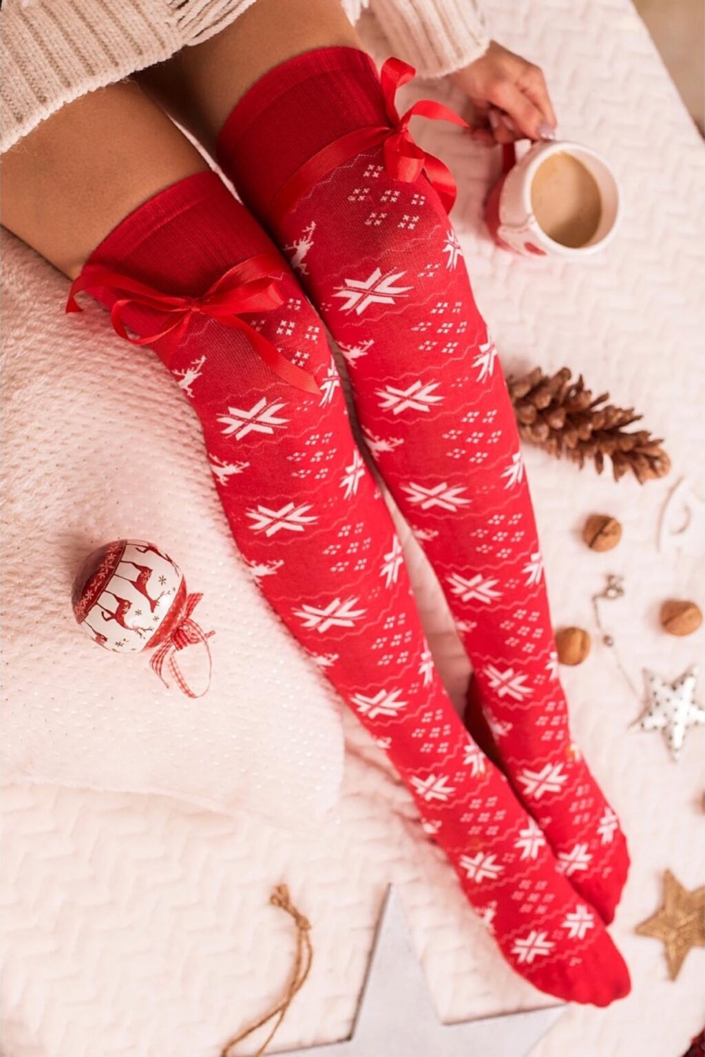 Zakolanówki SNOW ze wstążką | czerwone