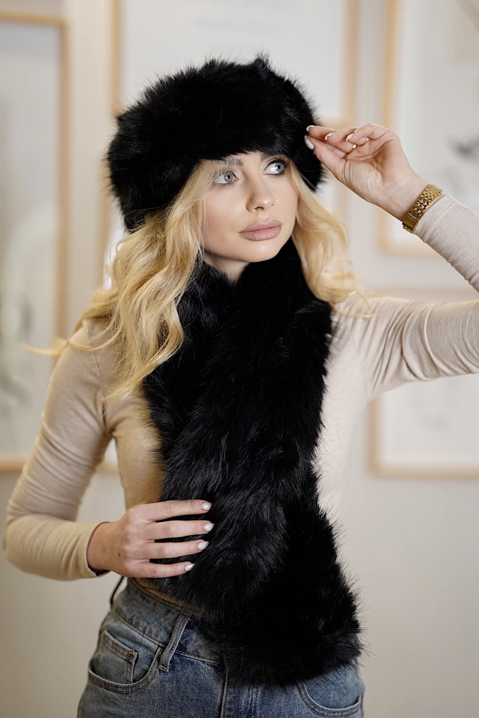 Futrzany komplet Winter opaska + szal | czarny