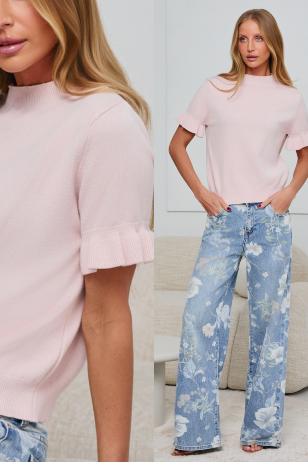 Dzianinowy sweterek z falbanką TOUCH | pudrowy róż