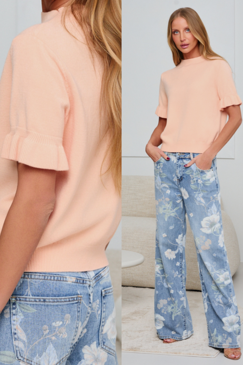 Dzianinowy sweterek z falbanką TOUCH | morela