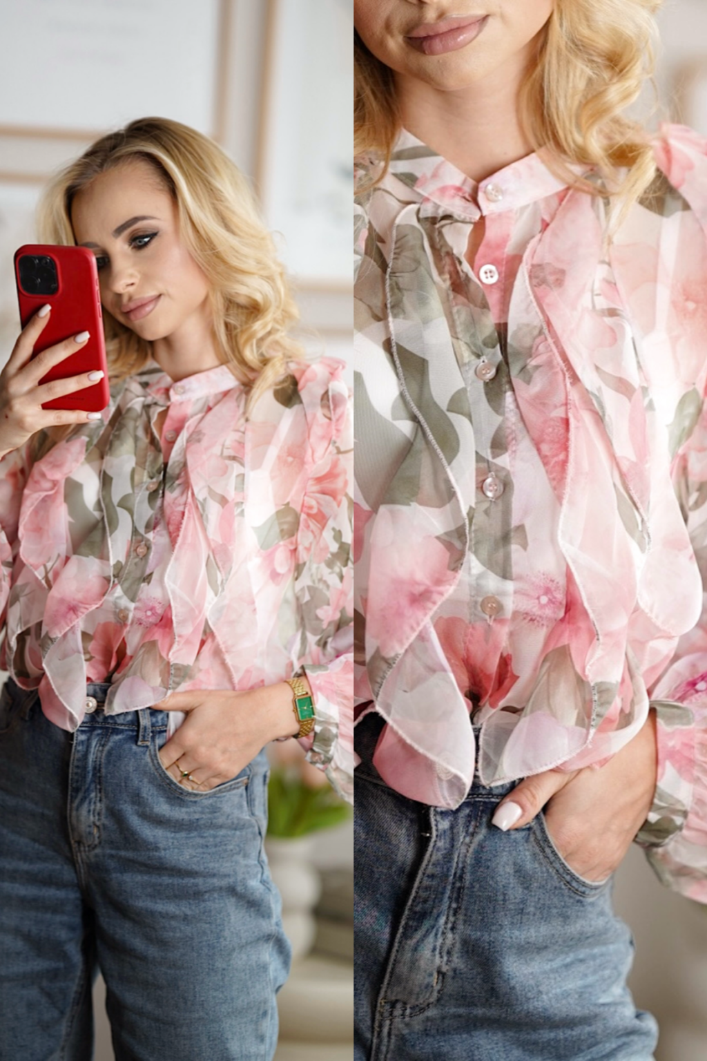 Różowa koszula z falbankami mgiełka | Blush Romance