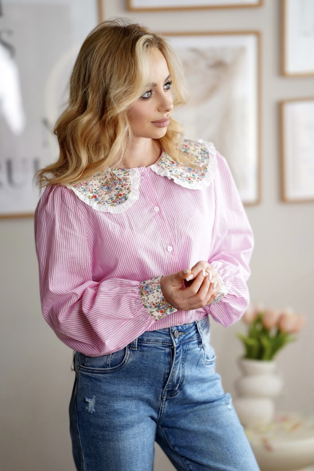 Bawełniana koszula z kołnierzykiem FLORA | różowa 🩷