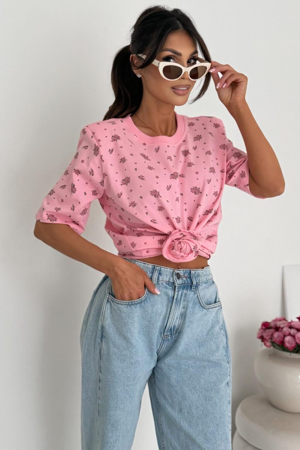 Bawełniany T-shirt LUIZA w kwiaty z gumką | róż 🩷