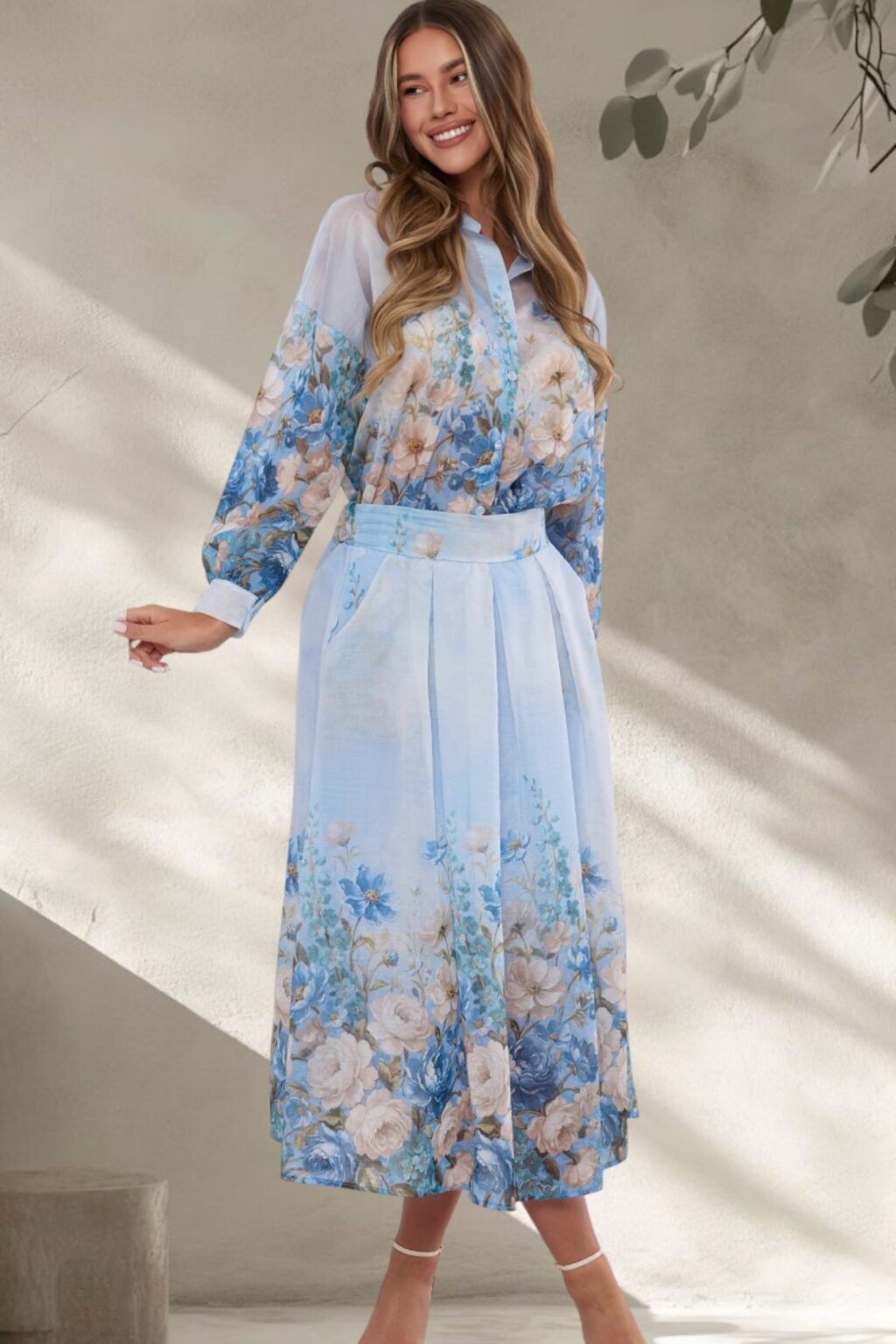 🩵 Niebieska spódnica z motywem kwiatów | FLORES