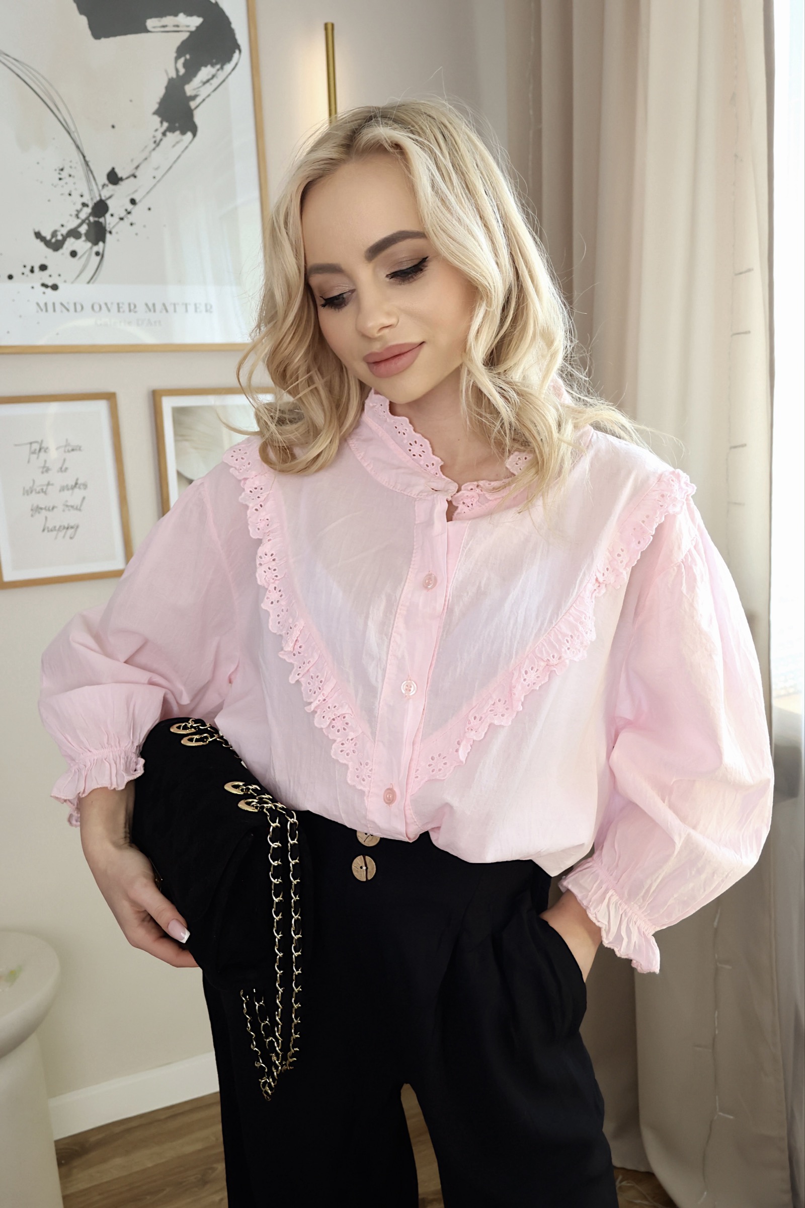 Bawełniana koszula z koronką LILLY | jasny róż 🌸
