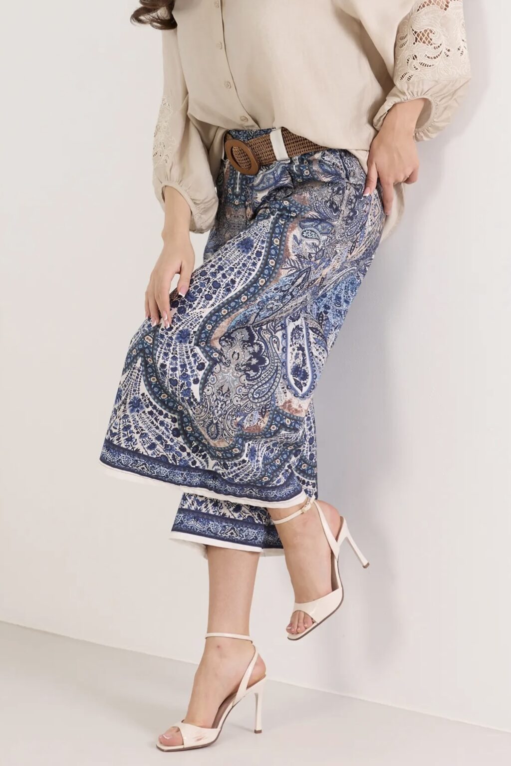 Spodnie culotty z paskiem | Paisley niebieskie 🩵