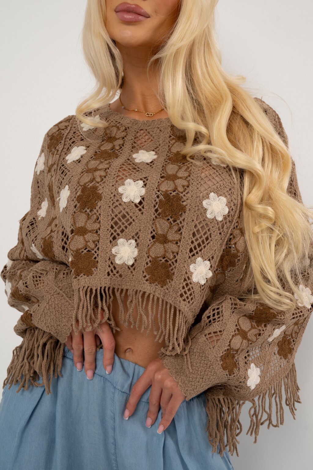 Ażurowa bluzka | sweter z kwiatami BOSCO | brąz 🤎
