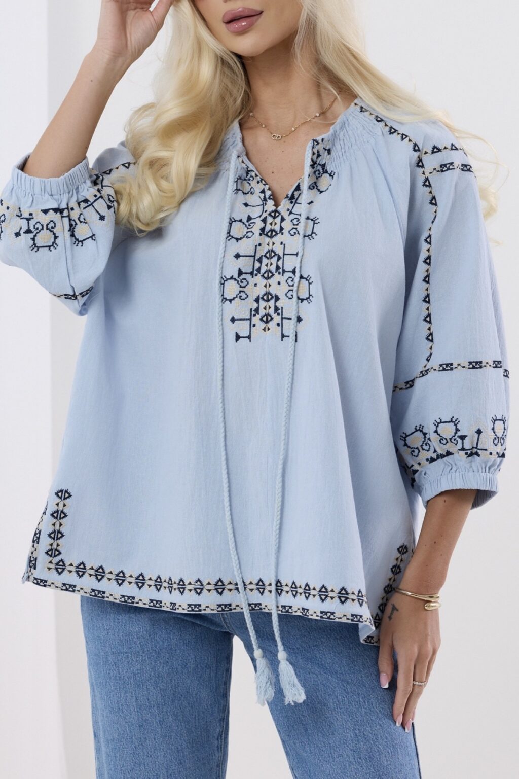 Bawełniana bluzka z troczkami ELLA | niebieska 🩵