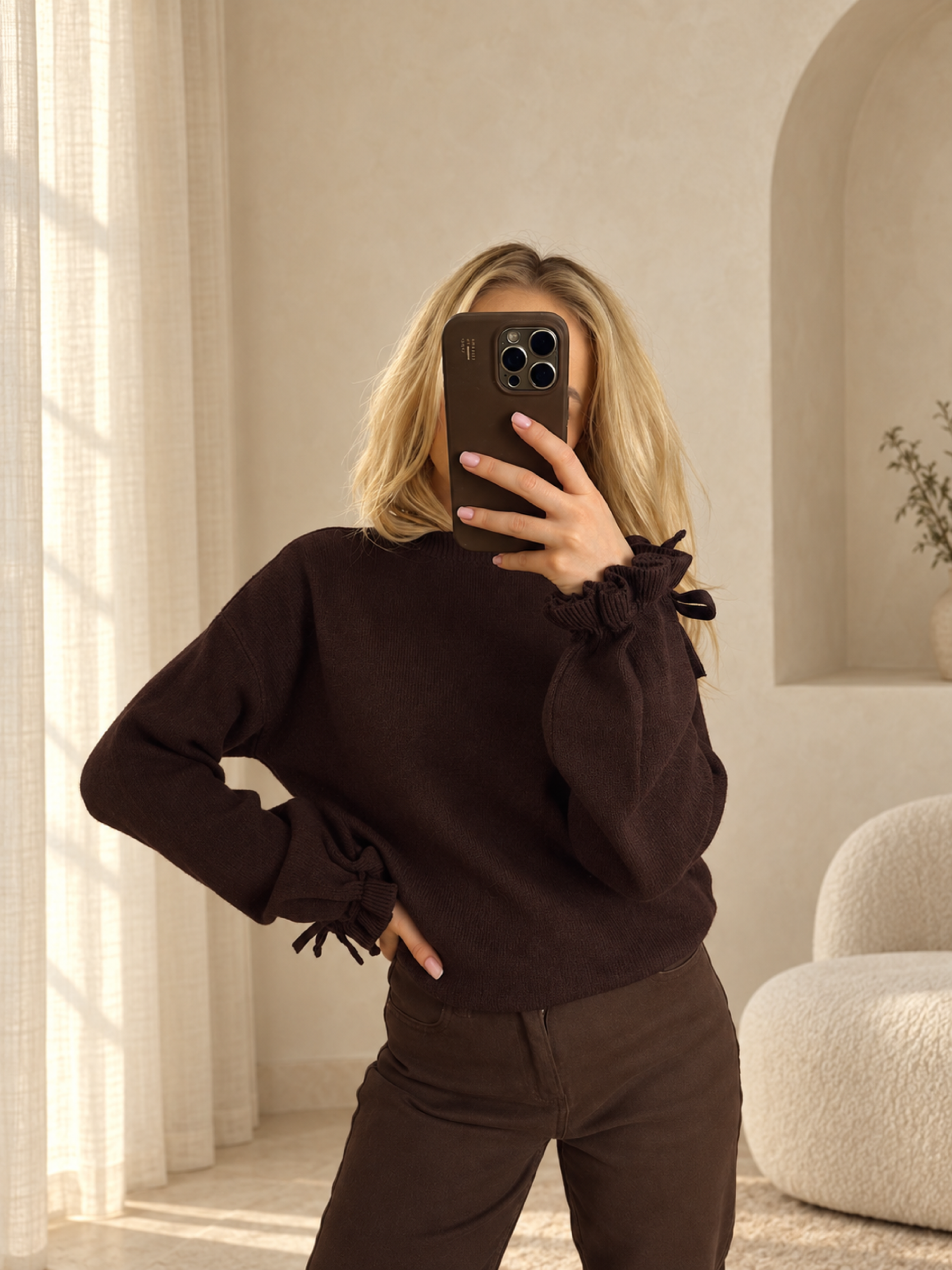 Dzianinowy sweter Simply Bow | brązowy 🤎