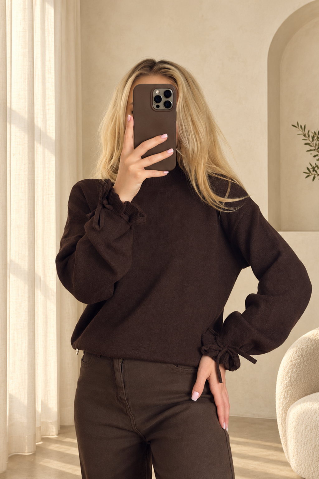 Dzianinowy sweter Simply Bow | brązowy 🤎